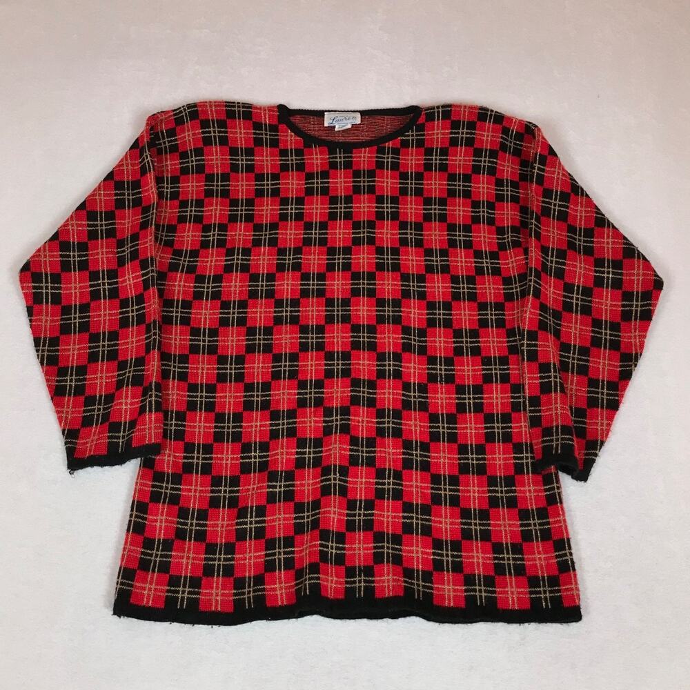 Vintage 80s Made In USA Mettalic Checker Buffalo Plaid Granny Knit Red Sweater